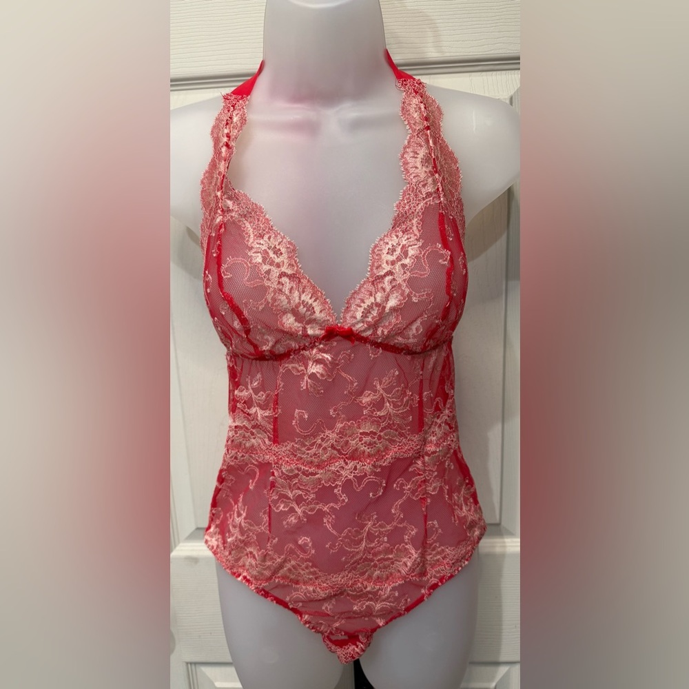 Victoria's Secret Red Lace Halter Teddy Bodysuit - Pink